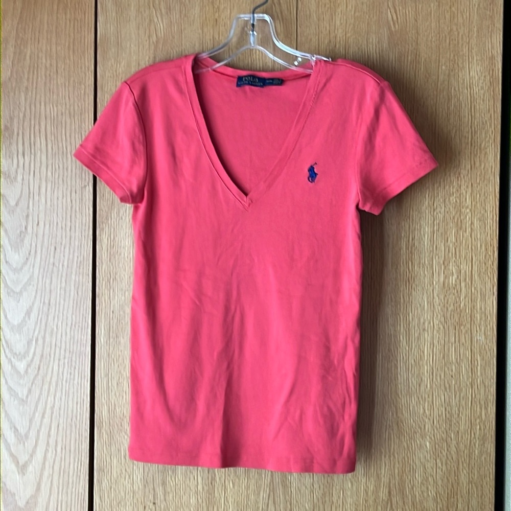 Polo Ralph Lauren Vtg 90s MED Pony logo SS V Neck Tee Shirt Pink coral women EUC
